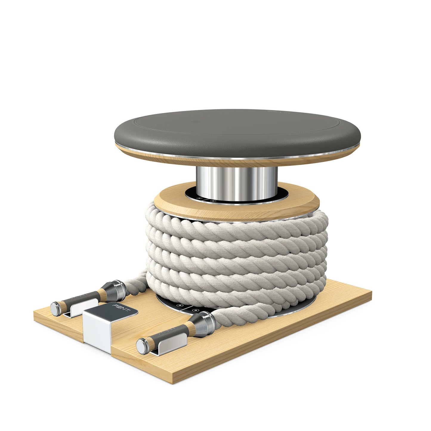 Premium gym battle rope in white colour, made with with marine grade stainless steel and natural ash wooden handles and stand, wrapped in luxurious Italian grey leather, packed neatly into its own handmade wooden stand. PENT. LINA Set - Battle Rope
