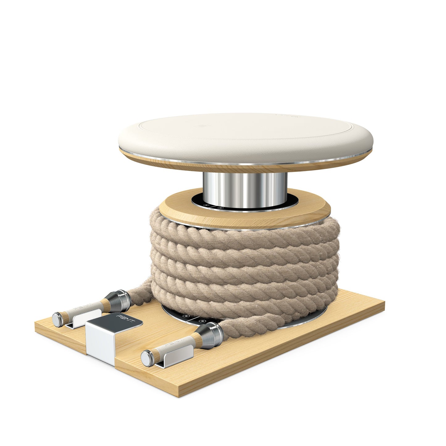 Premium gym battle rope in natural colour, made with with marine grade stainless steel and natural ash wooden handles and stand, wrapped in luxurious Italian white leather, packed neatly into its own handmade wooden stand. PENT. LINA Set - Battle Rope