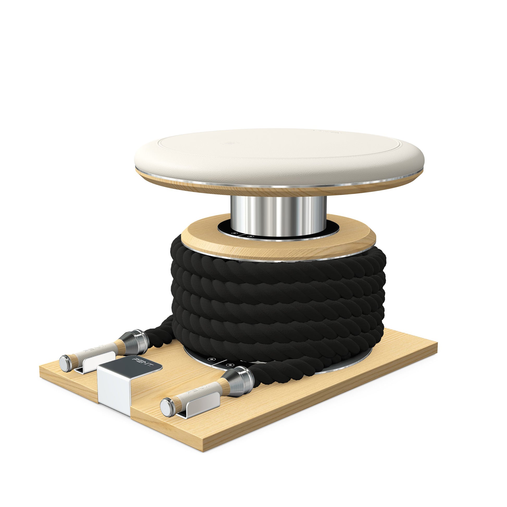 Premium gym battle rope in black colour, made with with marine grade stainless steel and natural ash wooden handles and stand, wrapped in luxurious Italian white leather, packed neatly into its own handmade wooden stand. PENT. LINA Set - Battle Rope