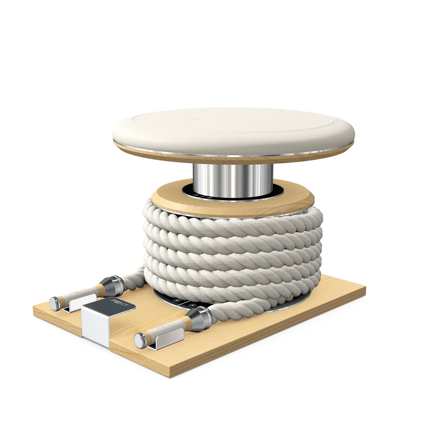 Premium gym battle rope in white colour, made with with marine grade stainless steel and natural ash wooden handles and stand, wrapped in luxurious Italian white leather, packed neatly into its own handmade wooden stand. PENT. LINA Set - Battle Rope