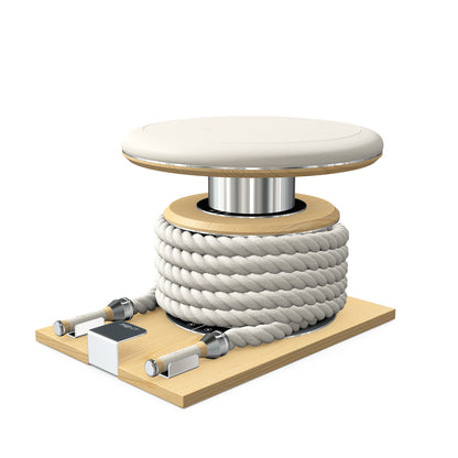 Premium gym battle rope in white colour, made with with marine grade stainless steel and natural ash wooden handles and stand, wrapped in luxurious Italian white leather, packed neatly into its own handmade wooden stand. PENT. LINA Set - Battle Rope