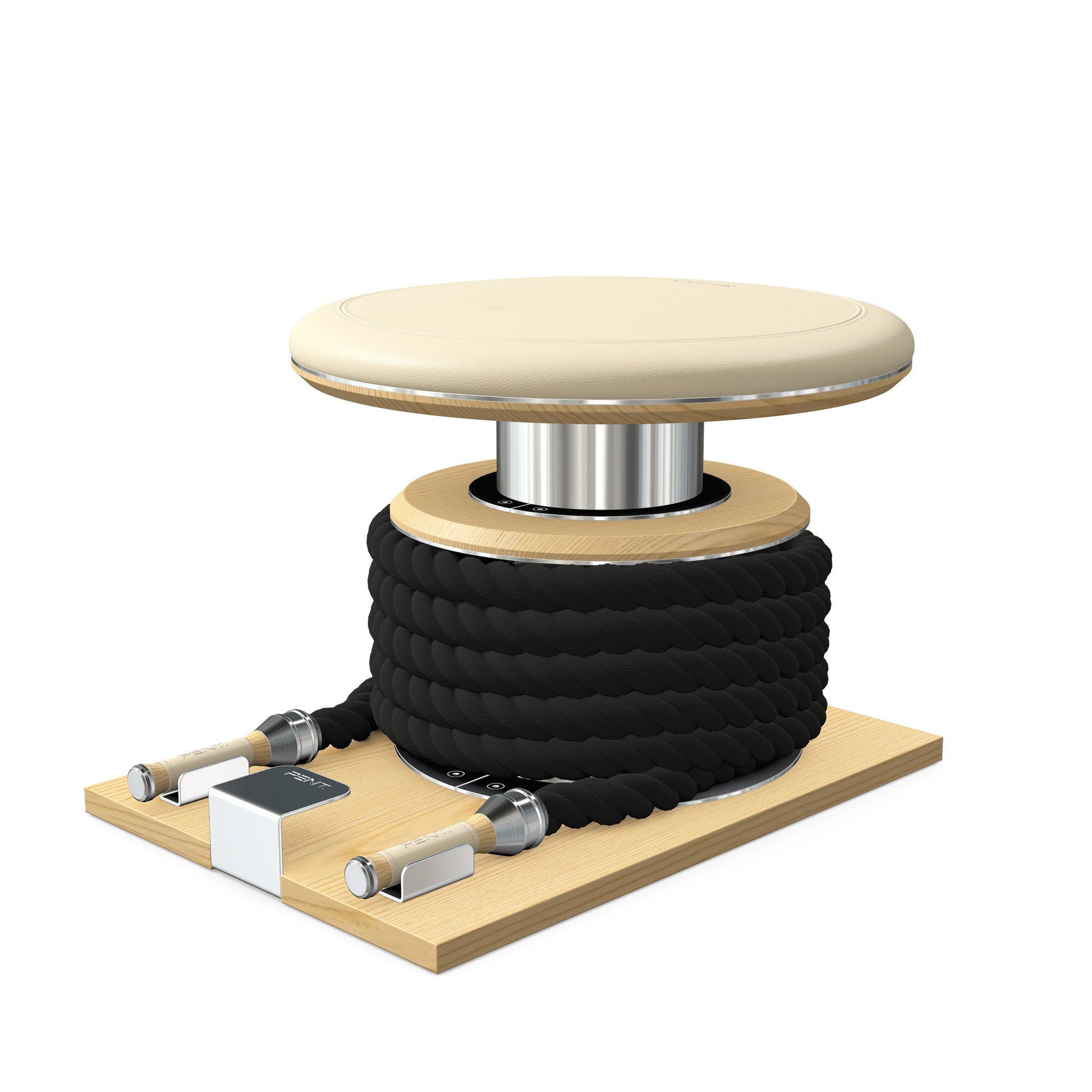 Premium gym battle rope in black colour, made with with marine grade stainless steel and natural ash wooden handles and stand, wrapped in luxurious Italian beige leather, packed neatly into its own handmade wooden stand. PENT. LINA Set - Battle Rope