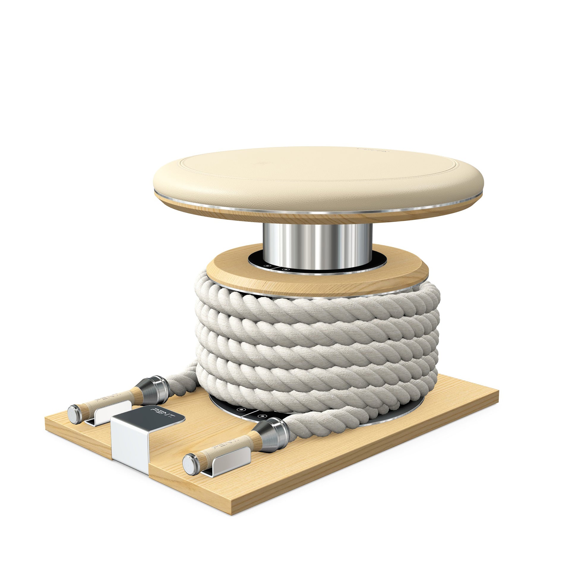 Premium gym battle rope in white colour, made with with marine grade stainless steel and natural ash wooden handles and stand, wrapped in luxurious Italian beige leather, packed neatly into its own handmade wooden stand. PENT. LINA Set - Battle Rope