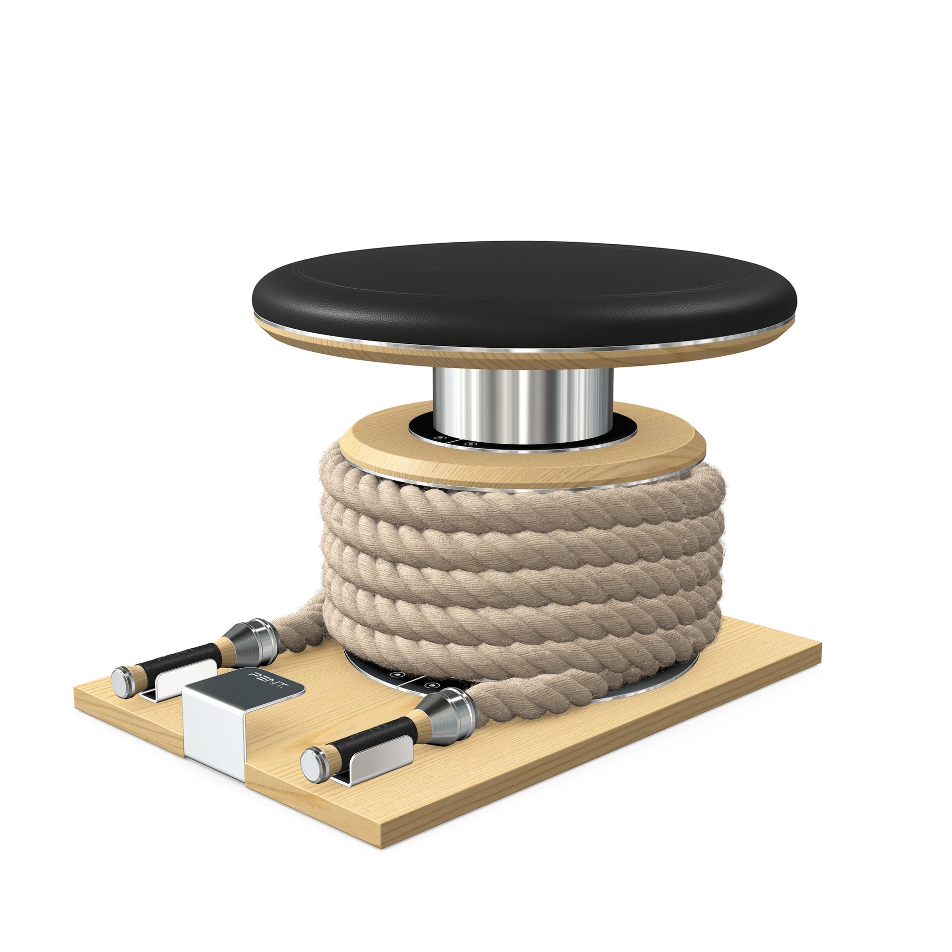 Premium gym battle rope in natural colour, made with with marine grade stainless steel and natural ash wooden handles and stand, wrapped in luxurious Italian black leather, packed neatly into its own handmade wooden stand. PENT. LINA Set - Battle Rope