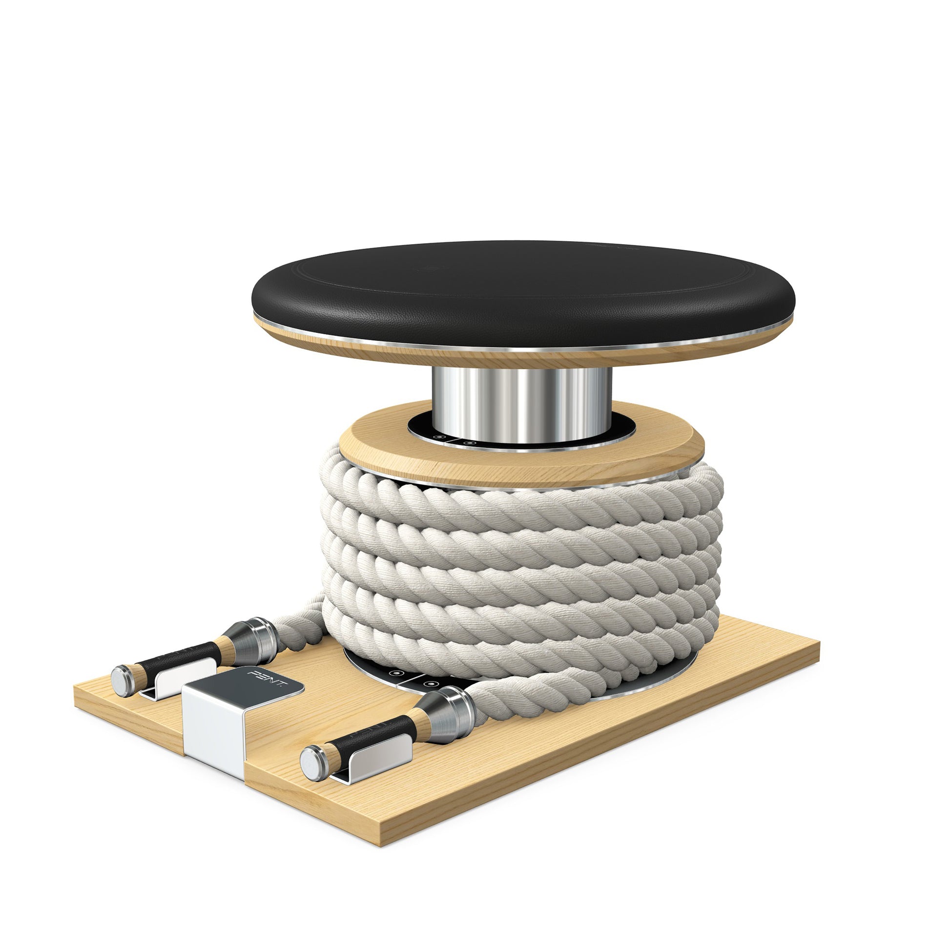 Premium gym battle rope in white colour, made with with marine grade stainless steel and natural ash wooden handles and stand, wrapped in luxurious Italian black leather, packed neatly into its own handmade wooden stand. PENT. LINA Set - Battle Rope