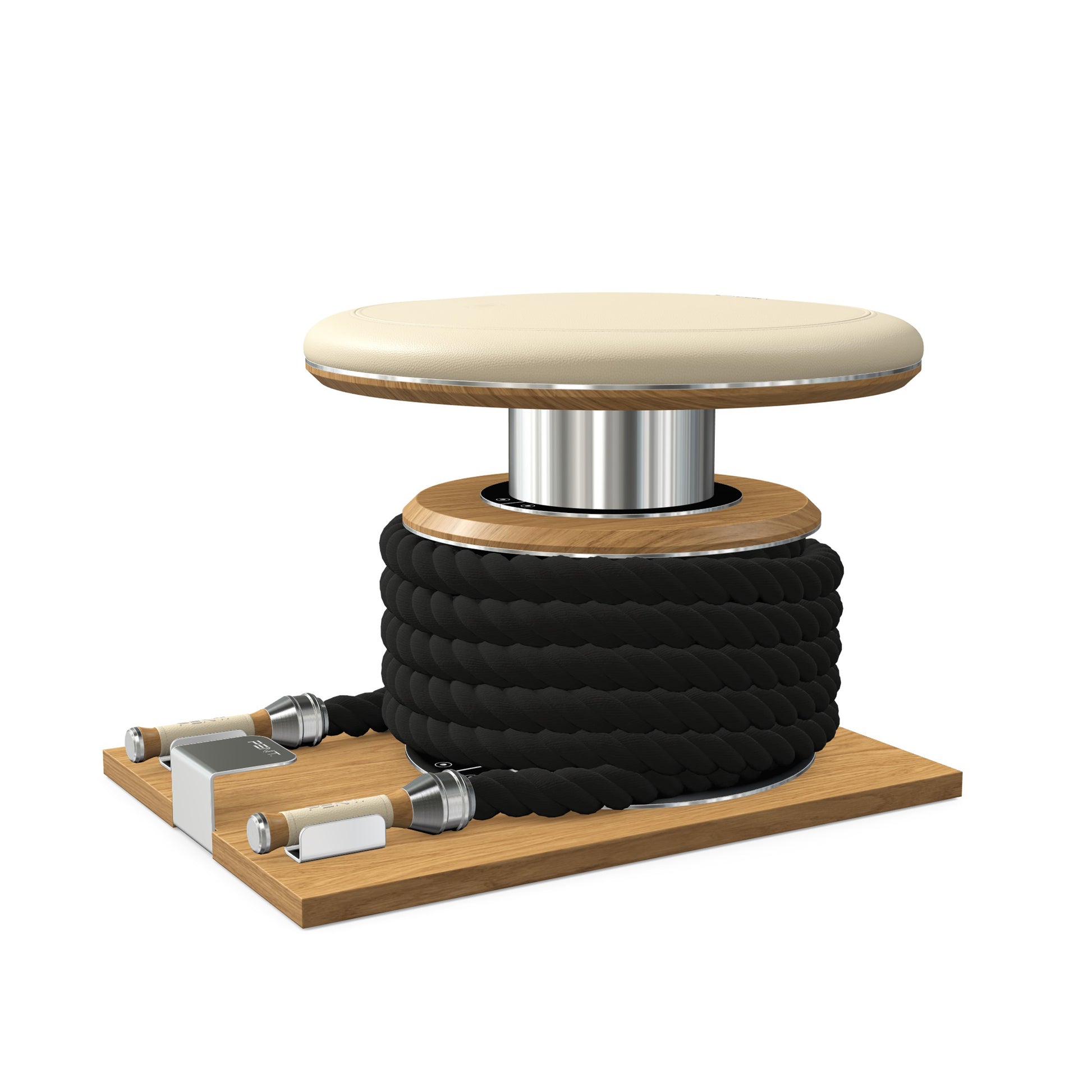 Premium gym battle rope in black colour, made with with marine grade stainless steel and solid oak wooden handles and stand, wrapped in luxurious Italian beige leather, packed neatly into its own handmade wooden stand. PENT. LINA Set - Battle Rope