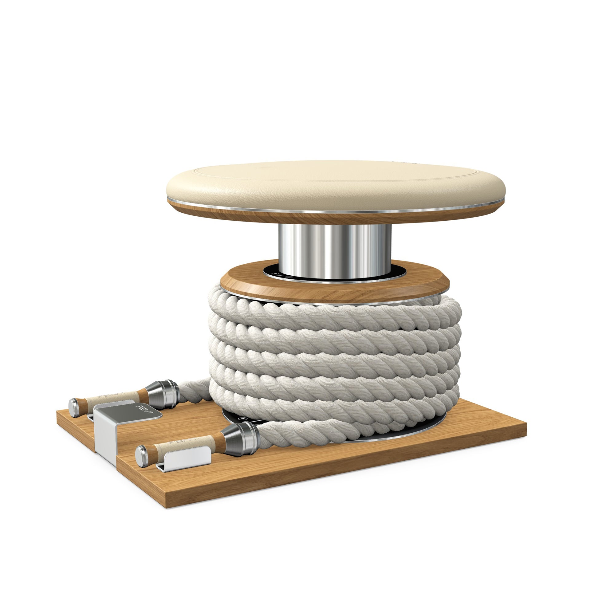 Premium gym battle rope in white colour, made with with marine grade stainless steel and solid oak wooden handles and stand, wrapped in luxurious Italian beige leather, packed neatly into its own handmade wooden stand. PENT. LINA Set - Battle Rope