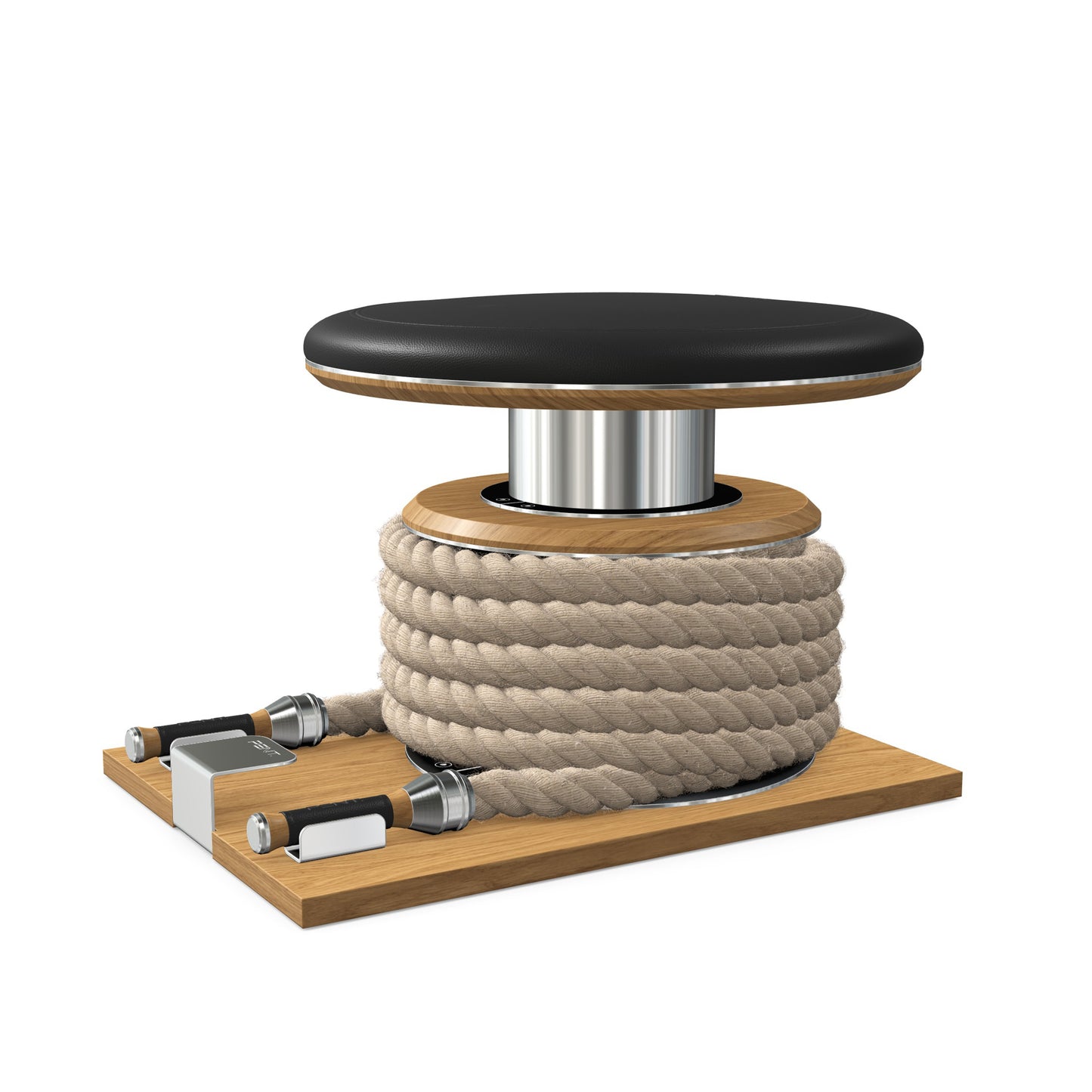 Premium gym battle rope in natural colour, made with with marine grade stainless steel and solid oak wooden handles and stand, wrapped in luxurious Italian black leather, packed neatly into its own handmade wooden stand. PENT. LINA Set - Battle Rope