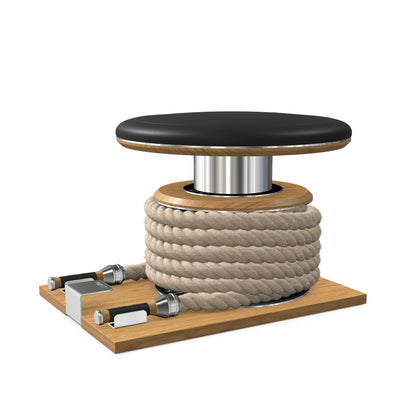 Premium gym battle rope in natural colour, made with with marine grade stainless steel and solid oak wooden handles and stand, wrapped in luxurious Italian black leather, packed neatly into its own handmade wooden stand. PENT. LINA Set - Battle Rope