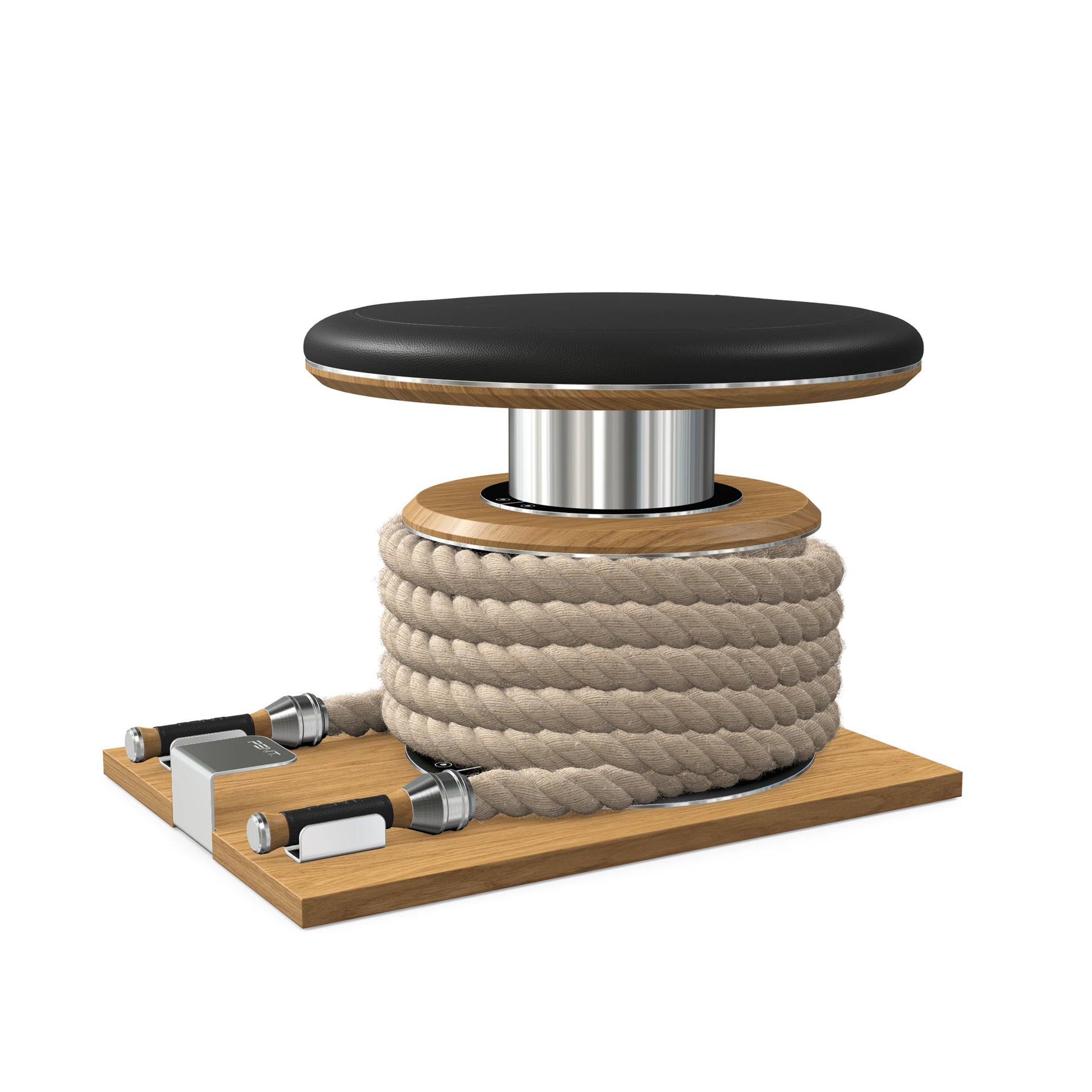 Premium gym battle rope in natural colour, made with with marine grade stainless steel and solid oak wooden handles and stand, wrapped in luxurious Italian black leather, packed neatly into its own handmade wooden stand. PENT. LINA Set - Battle Rope
