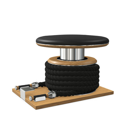 Premium gym battle rope in black colour, made with with marine grade stainless steel and solid oak wooden handles and stand, wrapped in luxurious Italian black leather, packed neatly into its own handmade wooden stand. PENT. LINA Set - Battle Rope
