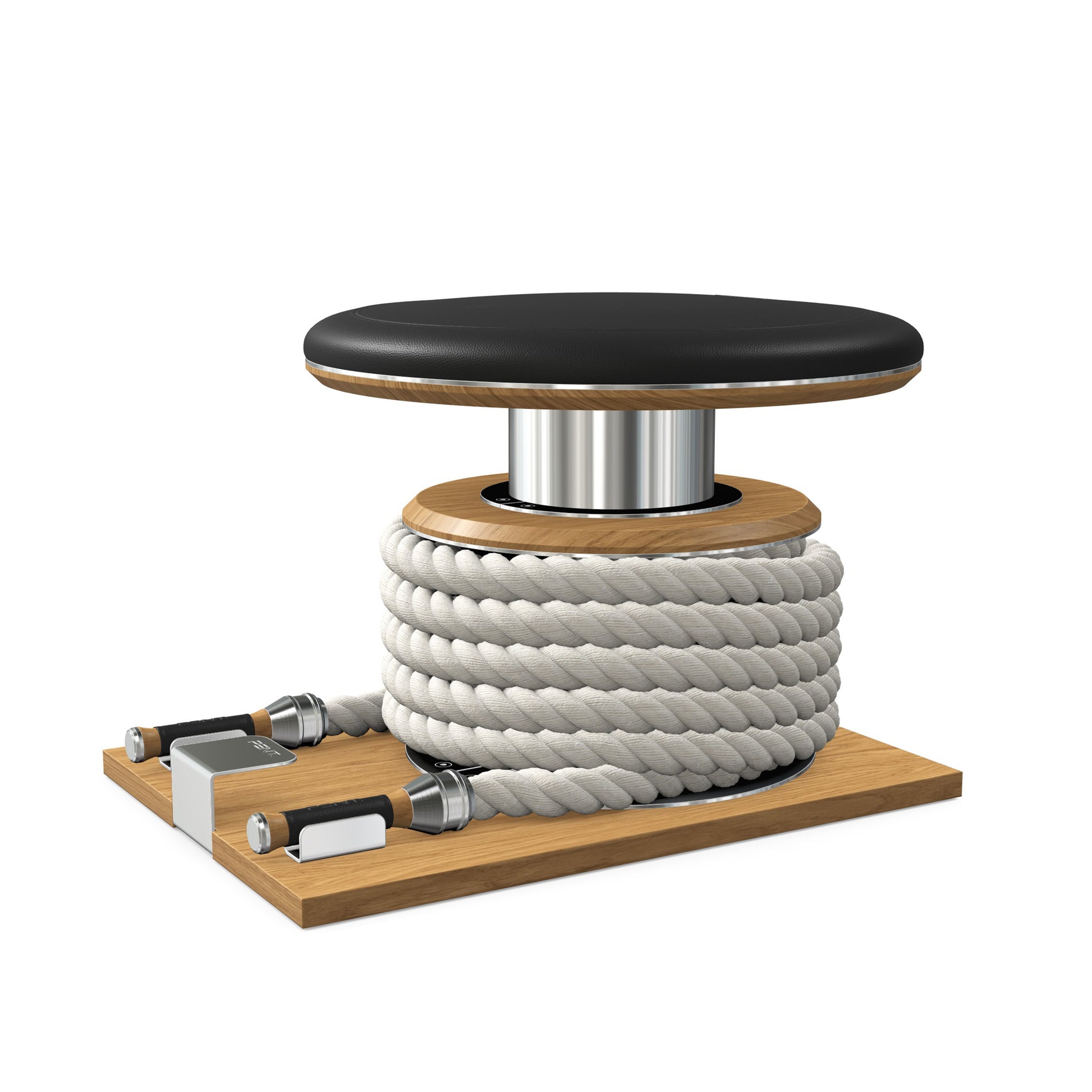 Premium gym battle rope in white colour, made with with marine grade stainless steel and solid oak wooden handles and stand, wrapped in luxurious Italian black leather, packed neatly into its own handmade wooden stand. PENT. LINA Set - Battle Rope