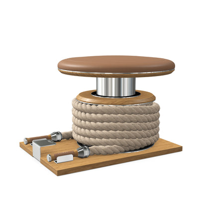 Premium gym battle rope in natural colour, made with with marine grade stainless steel and solid oak wooden handles and stand, wrapped in luxurious Italian brown leather, packed neatly into its own handmade wooden stand. PENT. LINA Set - Battle Rope