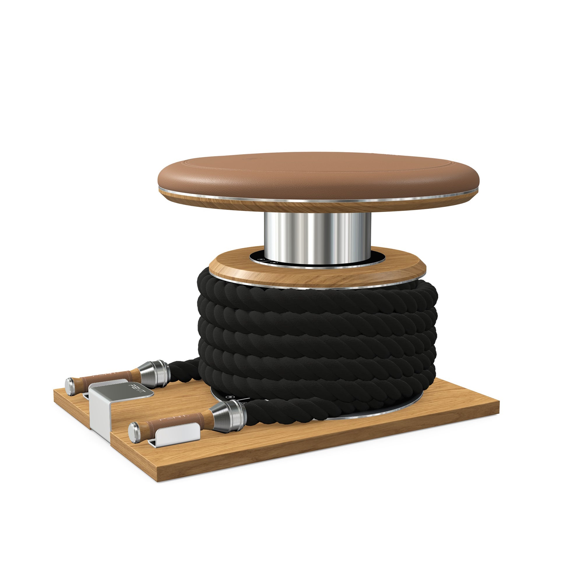 Premium gym battle rope in black colour, made with with marine grade stainless steel and solid oak wooden handles and stand, wrapped in luxurious Italian brown leather, packed neatly into its own handmade wooden stand. PENT. LINA Set - Battle Rope