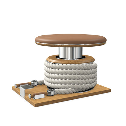 Premium gym battle rope in white colour, made with with marine grade stainless steel and solid oak wooden handles and stand, wrapped in luxurious Italian brown leather, packed neatly into its own handmade wooden stand. PENT. LINA Set - Battle Rope