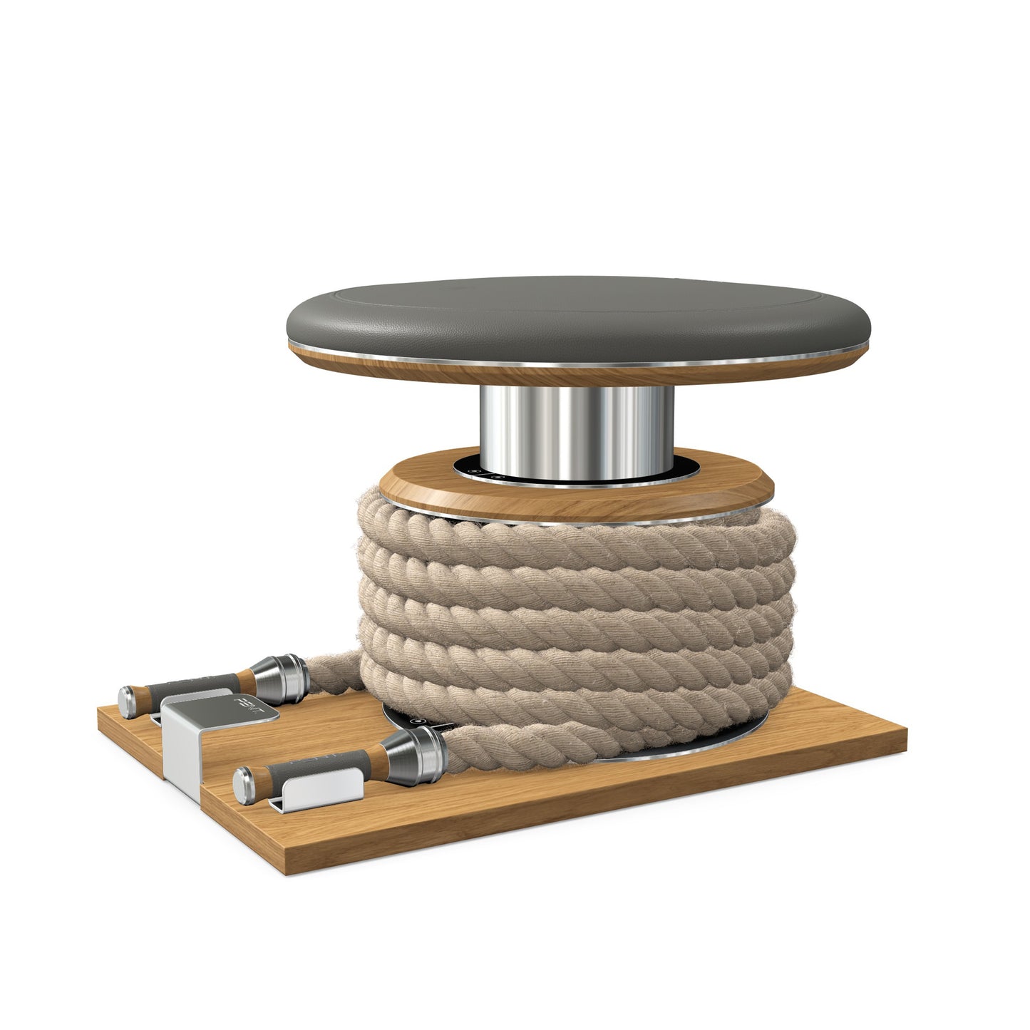 Premium gym battle rope in natural colour, made with with marine grade stainless steel and solid oak wooden handles and stand, wrapped in luxurious Italian grey leather, packed neatly into its own handmade wooden stand. PENT. LINA Set - Battle Rope