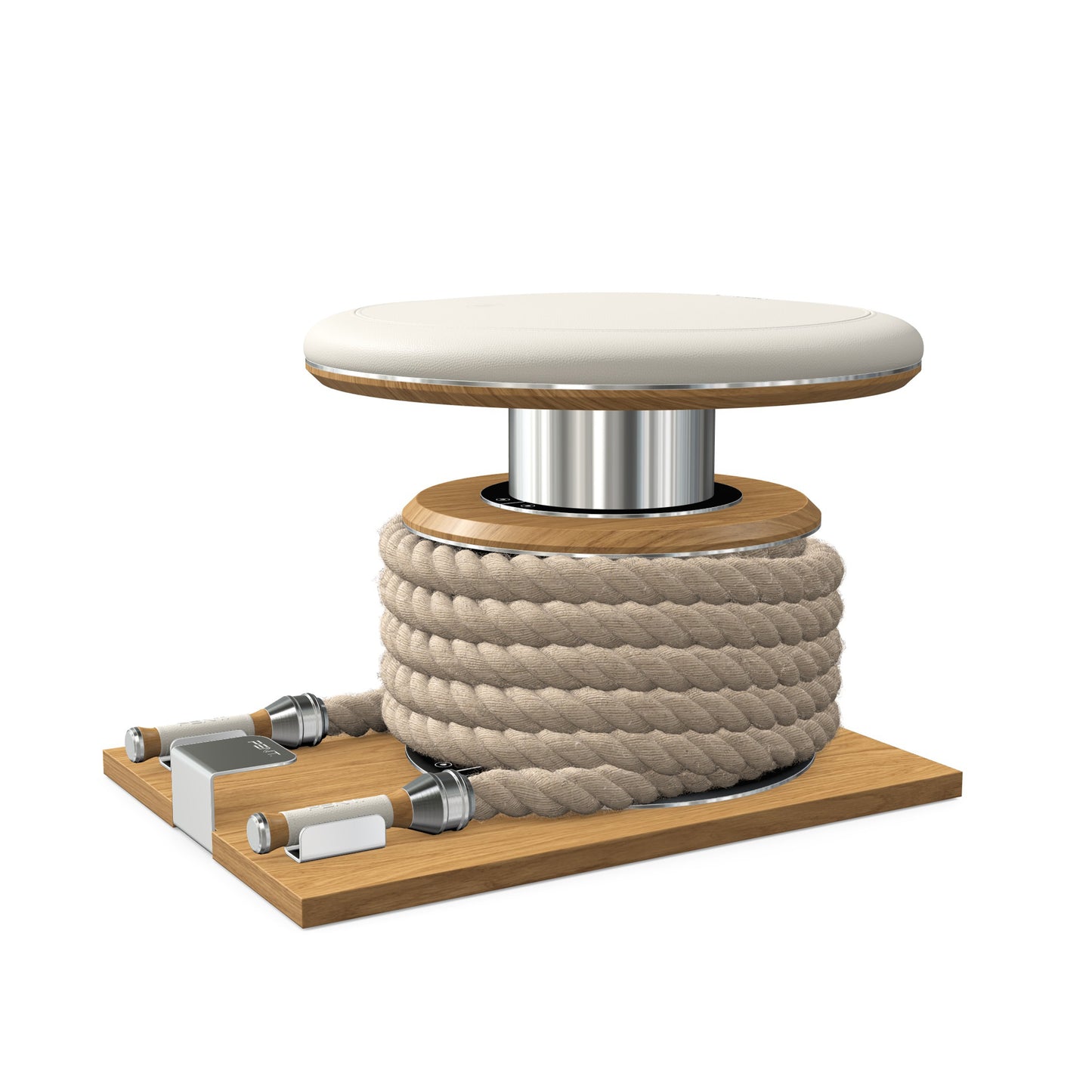 Premium gym battle rope in natural colour, made with with marine grade stainless steel and solid oak wooden handles and stand, wrapped in luxurious Italian white leather, packed neatly into its own handmade wooden stand. PENT. LINA Set - Battle Rope