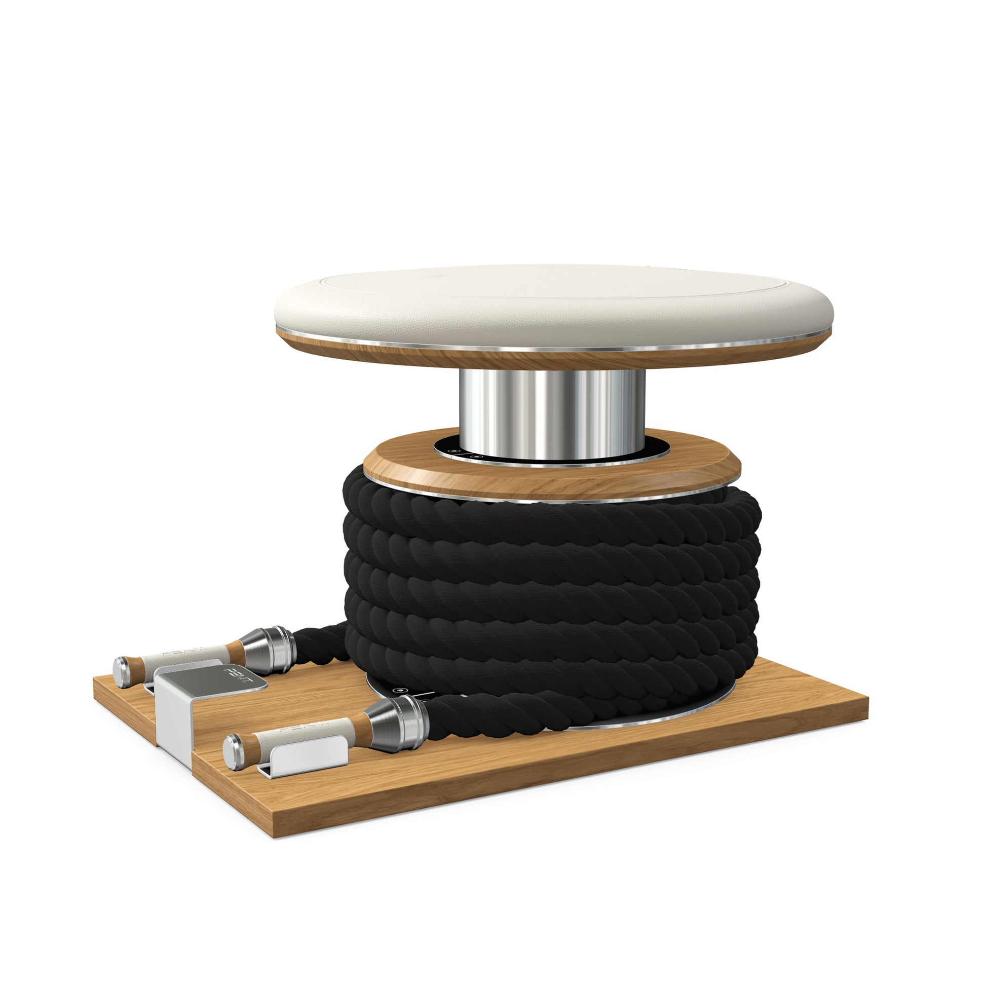 Premium gym battle rope in black colour, made with with marine grade stainless steel and solid oak wooden handles and stand, wrapped in luxurious Italian white leather, packed neatly into its own handmade wooden stand. PENT. LINA Set - Battle Rope