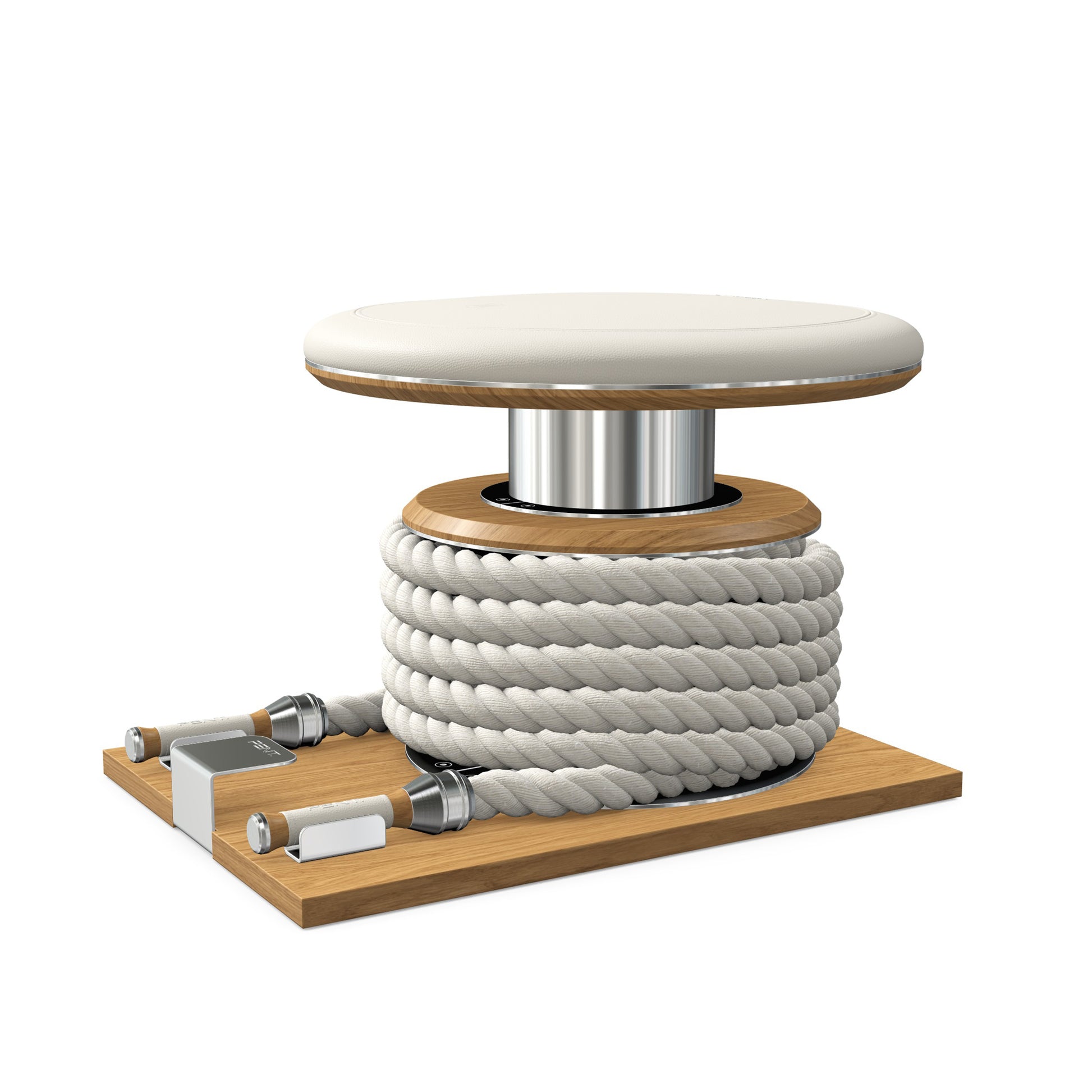 Premium gym battle rope in white colour, made with with marine grade stainless steel and solid oak wooden handles and stand, wrapped in luxurious Italian white leather, packed neatly into its own handmade wooden stand. PENT. LINA Set - Battle Rope