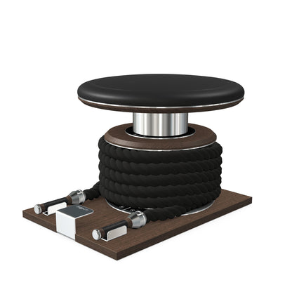 Premium gym battle rope in black colour, made with with marine grade stainless steel and dark walnut wooden handles and stand, wrapped in luxurious Italian black leather, packed neatly into its own handmade wooden stand. PENT. LINA Set - Battle Rope
