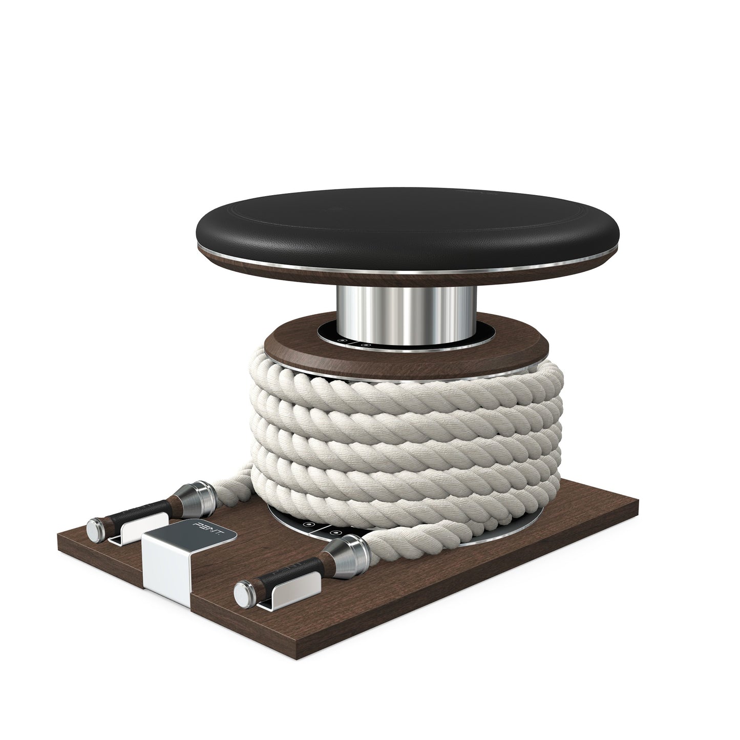 Premium gym battle rope in white colour, made with with marine grade stainless steel and dark walnut wooden handles and stand, wrapped in luxurious Italian black leather, packed neatly into its own handmade wooden stand. PENT. LINA Set - Battle Rope