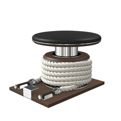 Premium gym battle rope in white colour, made with with marine grade stainless steel and dark walnut wooden handles and stand, wrapped in luxurious Italian black leather, packed neatly into its own handmade wooden stand. PENT. LINA Set - Battle Rope