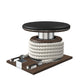 Premium gym battle rope in white colour, made with with marine grade stainless steel and dark walnut wooden handles and stand, wrapped in luxurious Italian black leather, packed neatly into its own handmade wooden stand. PENT. LINA Set - Battle Rope