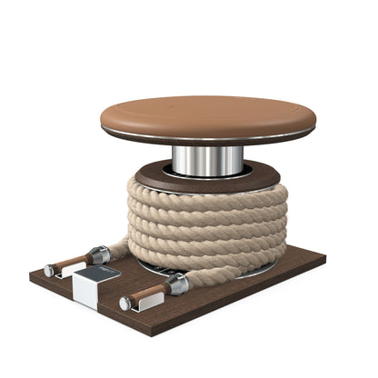 Premium gym battle rope in natural colour, made with with marine grade stainless steel and dark walnut wooden handles and stand, wrapped in luxurious Italian brown leather, packed neatly into its own handmade wooden stand. PENT. LINA Set - Battle Rope