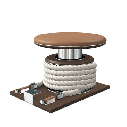 Premium gym battle rope in white colour, made with with marine grade stainless steel and dark walnut wooden handles and stand, wrapped in luxurious Italian brown leather, packed neatly into its own handmade wooden stand. PENT. LINA Set - Battle Rope