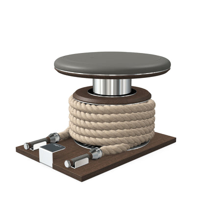 Premium gym battle rope in natural colour, made with with marine grade stainless steel and dark walnut wooden handles and stand, wrapped in luxurious Italian grey leather, packed neatly into its own handmade wooden stand. PENT. LINA Set - Battle Rope