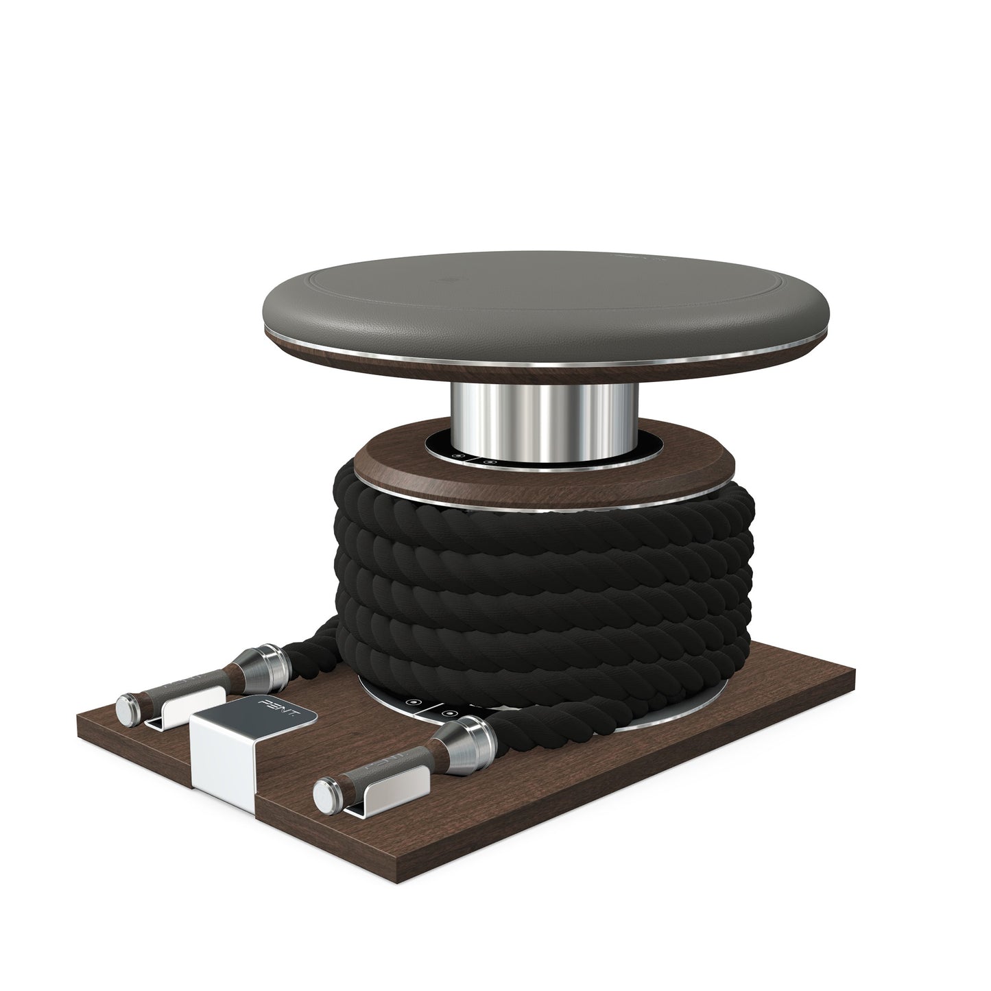 Premium gym battle rope in black colour, made with with marine grade stainless steel and dark walnut wooden handles and stand, wrapped in luxurious Italian grey leather, packed neatly into its own handmade wooden stand. PENT. LINA Set - Battle Rope