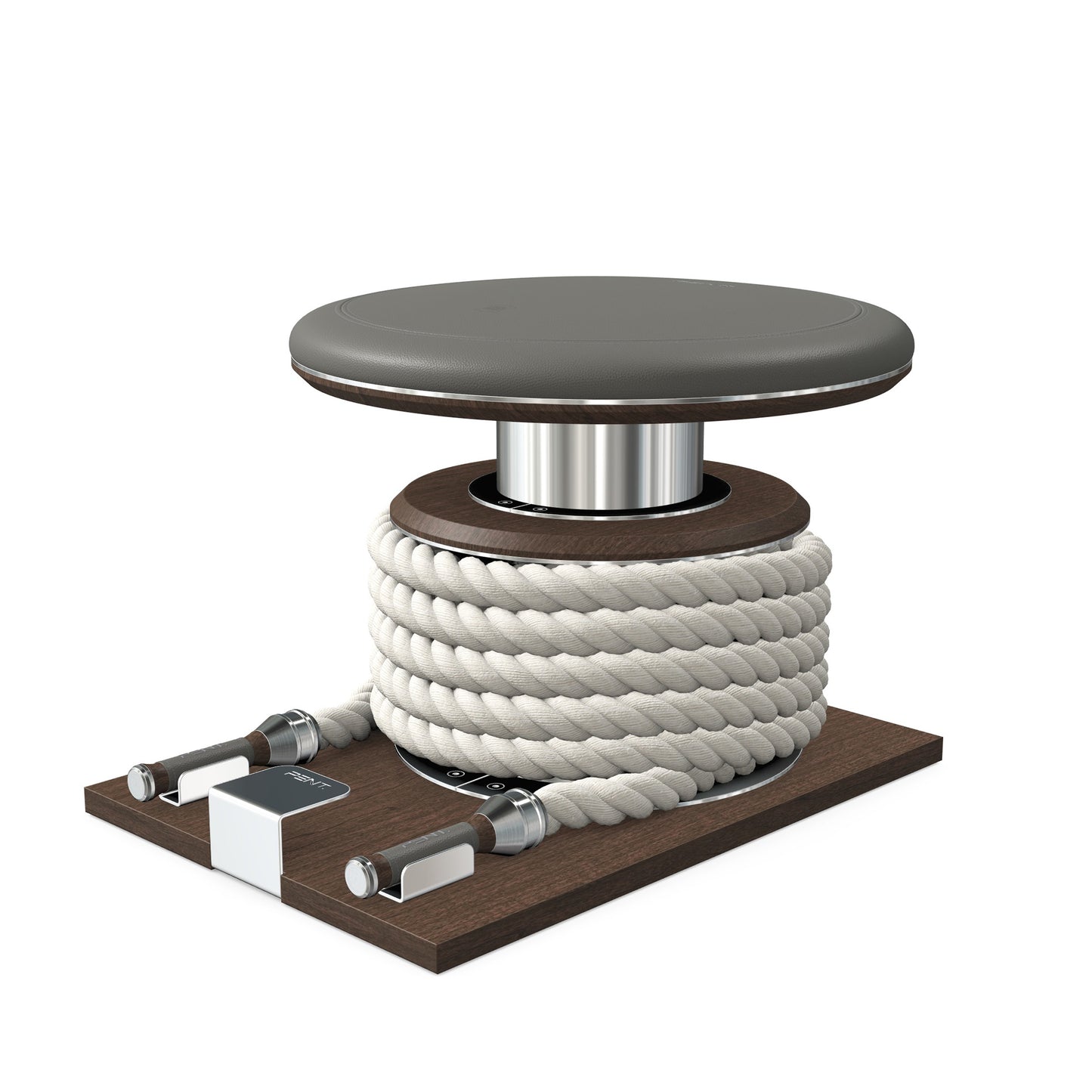 Premium gym battle rope in natural colour, made with with marine grade stainless steel and dark walnut wooden handles and stand, wrapped in luxurious Italian grey leather, packed neatly into its own handmade wooden stand. PENT. LINA Set - Battle Rope