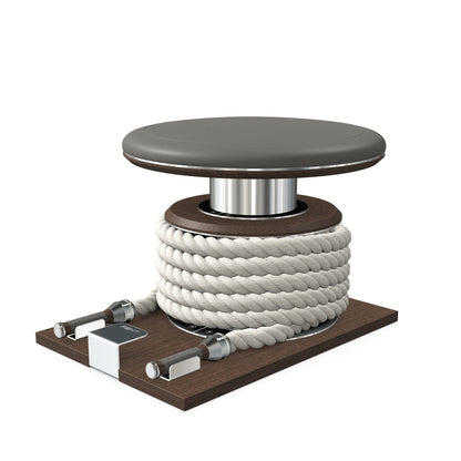 Premium gym battle rope in natural colour, made with with marine grade stainless steel and dark walnut wooden handles and stand, wrapped in luxurious Italian grey leather, packed neatly into its own handmade wooden stand. PENT. LINA Set - Battle Rope