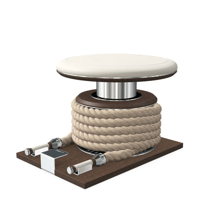 Premium gym battle rope in natural colour, made with with marine grade stainless steel and dark walnut wooden handles and stand, wrapped in luxurious Italian white leather, packed neatly into its own handmade wooden stand. PENT. LINA Set - Battle Rope