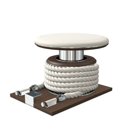 Premium gym battle rope in white colour, made with with marine grade stainless steel and dark walnut wooden handles and stand, wrapped in luxurious Italian white leather, packed neatly into its own handmade wooden stand. PENT. LINA Set - Battle Rope