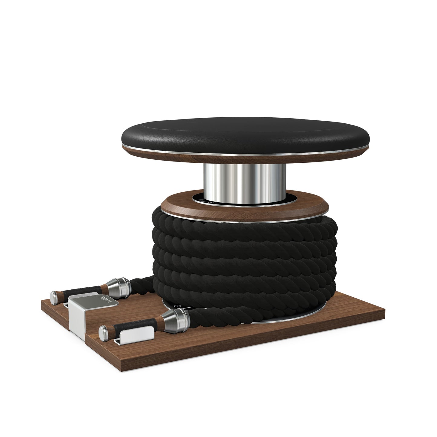 Premium gym battle rope in black colour, made with with marine grade stainless steel and natural walnut wooden handles and stand, wrapped in luxurious Italian black leather, packed neatly into its own handmade wooden stand. PENT. LINA Set - Battle Rope