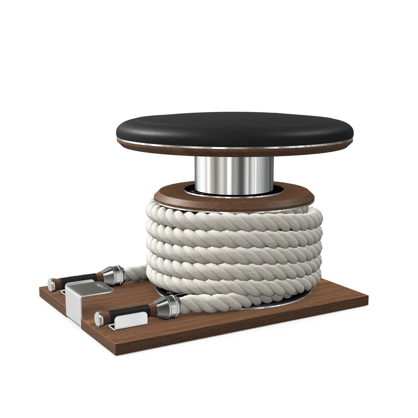 Premium gym battle rope in white colour, made with with marine grade stainless steel and natural walnut wooden handles and stand, wrapped in luxurious Italian black leather, packed neatly into its own handmade wooden stand. PENT. LINA Set - Battle Rope