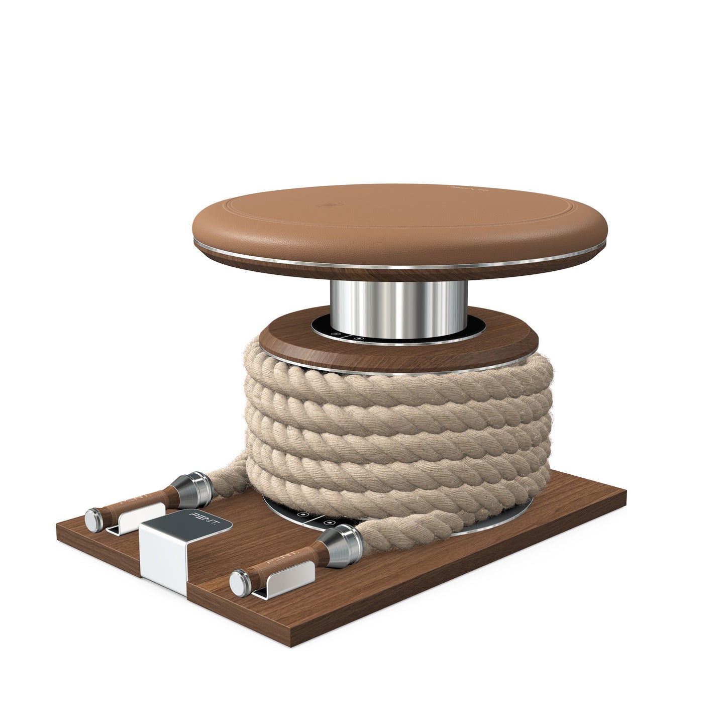 Premium gym battle rope in natural colour, made with with marine grade stainless steel and natural walnut wooden handles and stand, wrapped in luxurious Italian brown leather, packed neatly into its own handmade wooden stand. PENT. LINA Set - Battle Rope