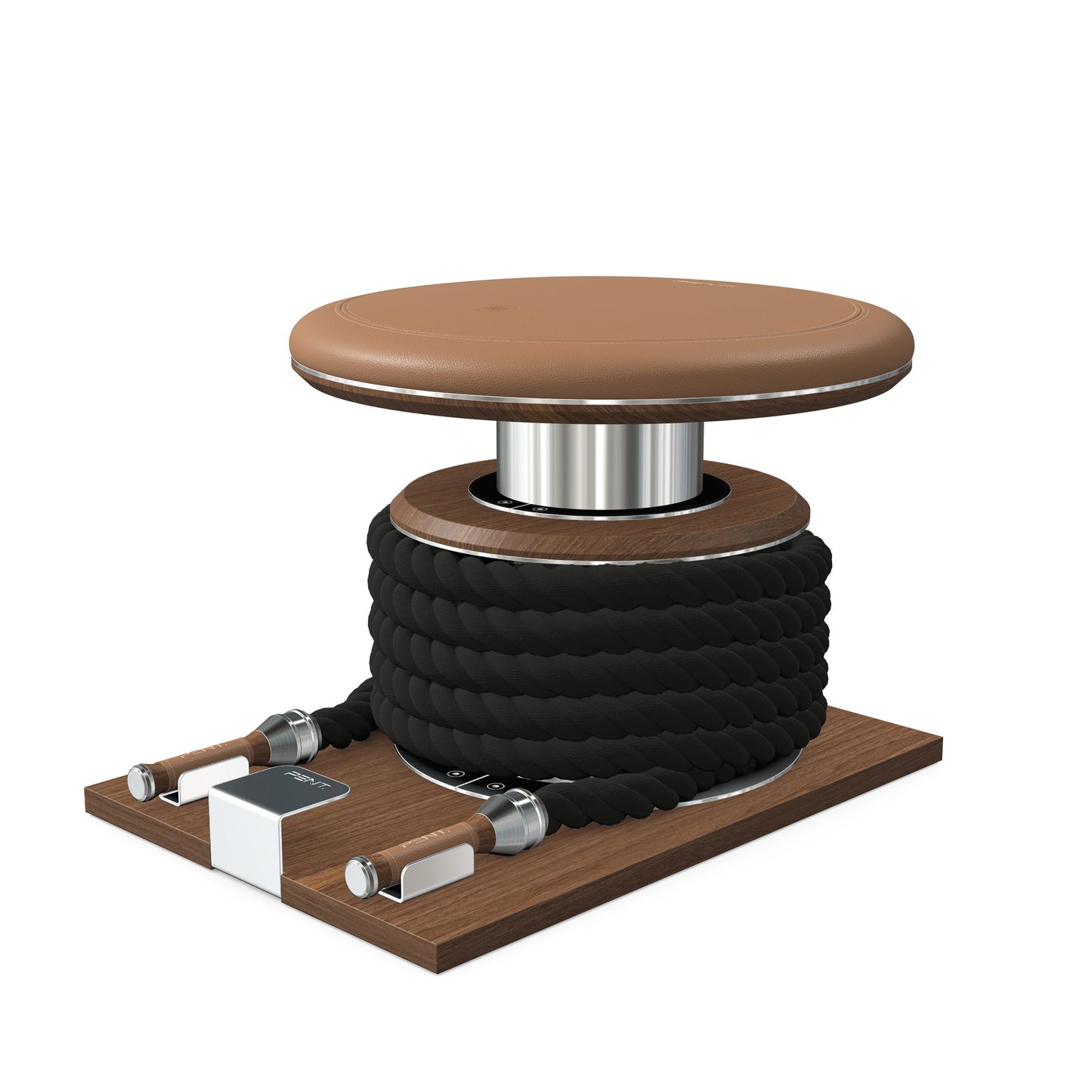 Premium gym battle rope in black colour, made with with marine grade stainless steel and natural walnut wooden handles and stand, wrapped in luxurious Italian brown leather, packed neatly into its own handmade wooden stand. PENT. LINA Set - Battle Rope