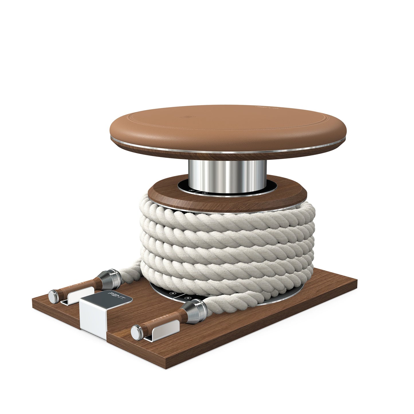Premium gym battle rope in white colour, made with with marine grade stainless steel and natural walnut wooden handles and stand, wrapped in luxurious Italian brown leather, packed neatly into its own handmade wooden stand. PENT. LINA Set - Battle Rope