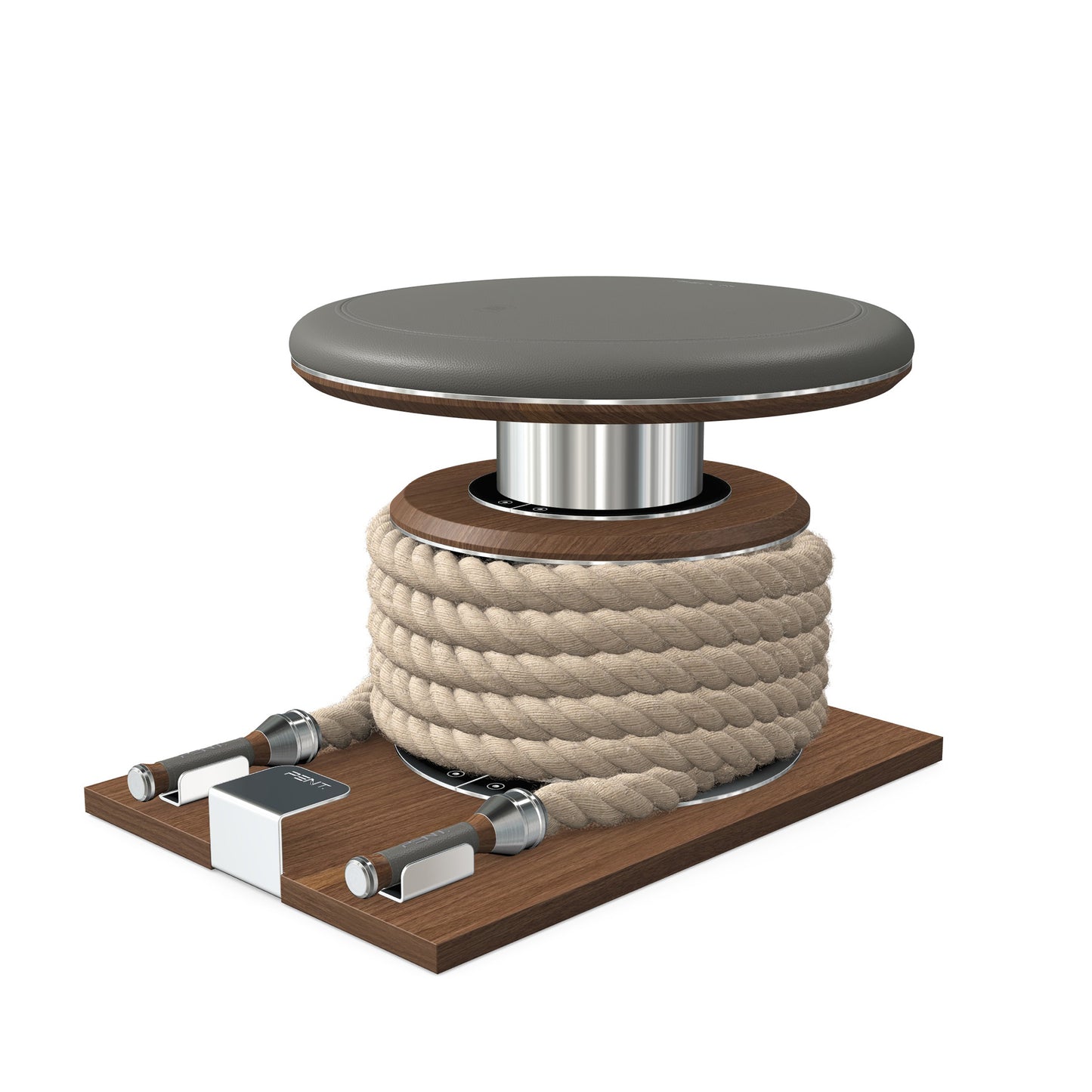Premium gym battle rope in natural colour, made with with marine grade stainless steel and natural walnut wooden handles and stand, wrapped in luxurious Italian grey leather, packed neatly into its own handmade wooden stand. PENT. LINA Set - Battle Rope