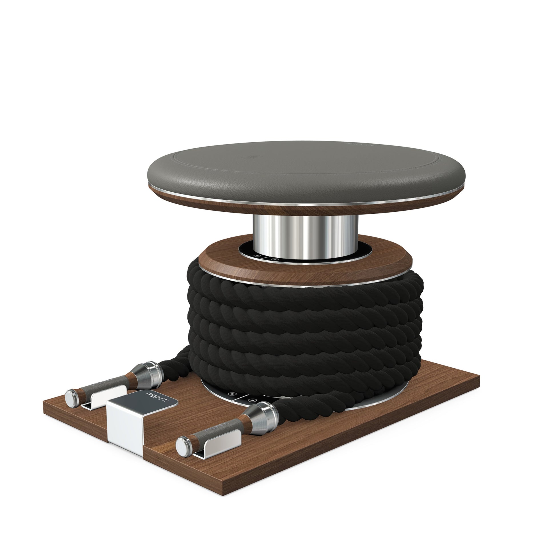 Premium gym battle rope in black colour, made with with marine grade stainless steel and natural walnut wooden handles and stand, wrapped in luxurious Italian grey leather, packed neatly into its own handmade wooden stand. PENT. LINA Set - Battle Rope