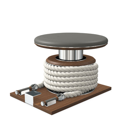Premium gym battle rope in white colour, made with with marine grade stainless steel and natural walnut wooden handles and stand, wrapped in luxurious Italian grey leather, packed neatly into its own handmade wooden stand. PENT. LINA Set - Battle Rope