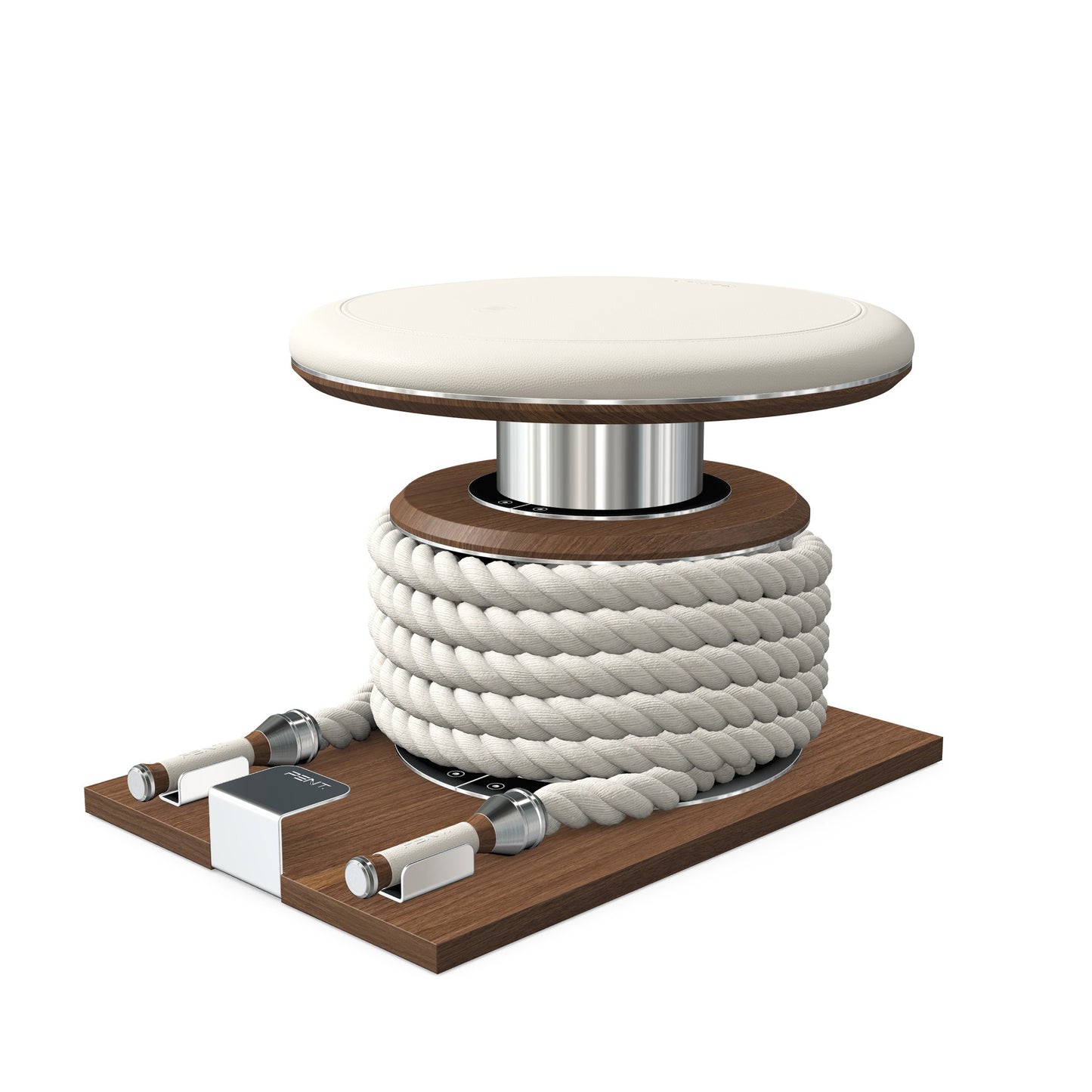 Premium gym battle rope in white colour, made with with marine grade stainless steel and natural walnut wooden handles and stand, wrapped in luxurious Italian white leather, packed neatly into its own handmade wooden stand. PENT. LINA Set - Battle Rope