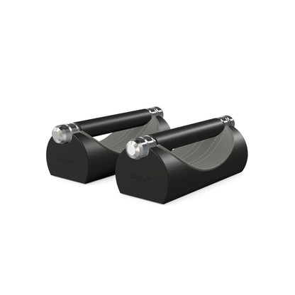 Luxury home gym equipment, premium push up bars handcrafted from fine leather, stainless steel and natural wood. Customize in grey Italian leather and black ash wood. PENT. LIPOVA - Luxury Push-Up Bars