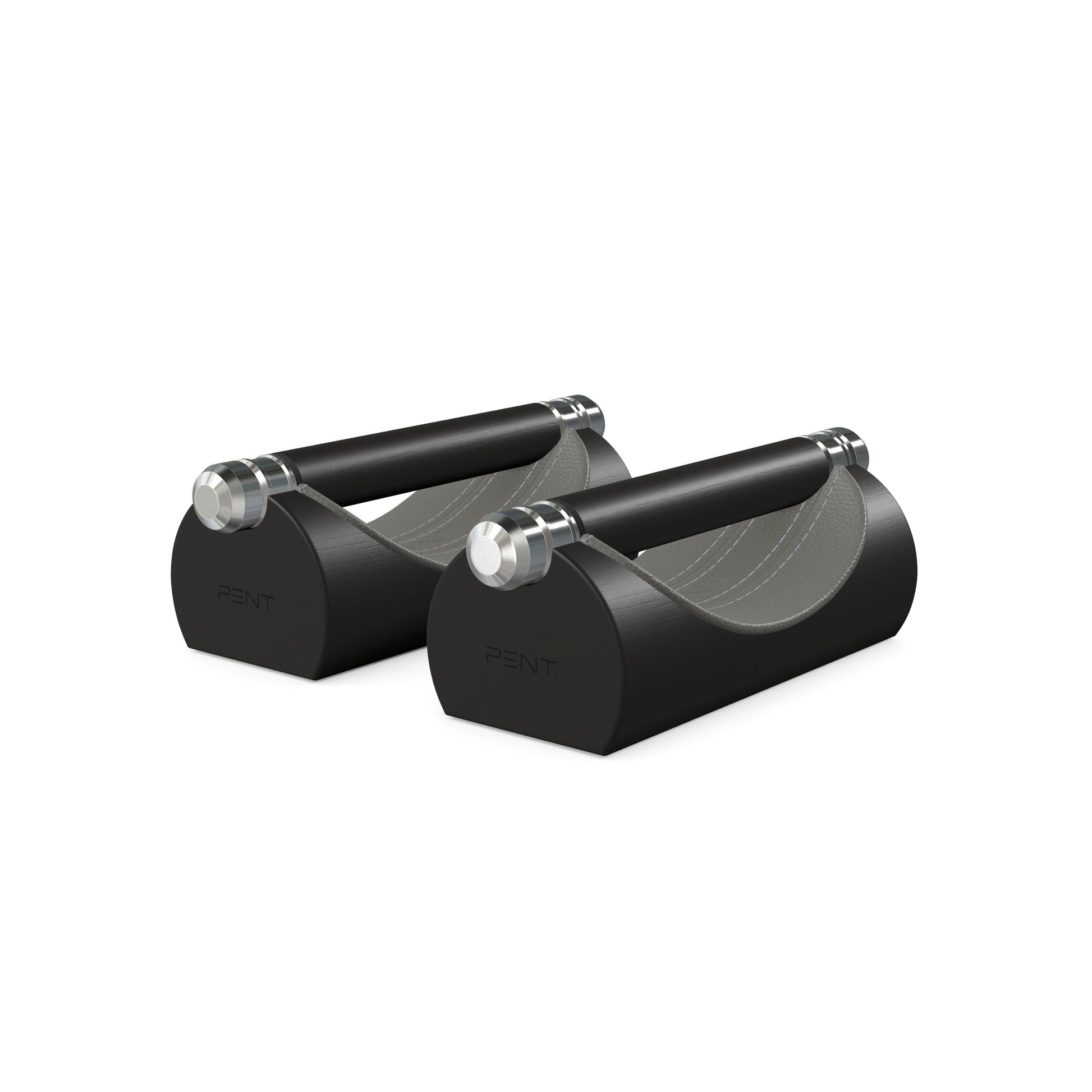 Luxury home gym equipment, premium push up bars handcrafted from fine leather, stainless steel and natural wood. Customize in grey Italian leather and black ash wood. PENT. LIPOVA - Luxury Push-Up Bars
