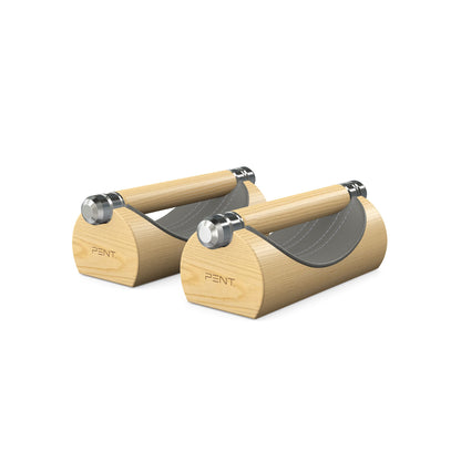 Luxury home gym equipment, premium push up bars handcrafted from fine leather, stainless steel and natural wood. Customize in grey Italian leather and natural ash wood. PENT. LIPOVA - Luxury Push-Up Bars