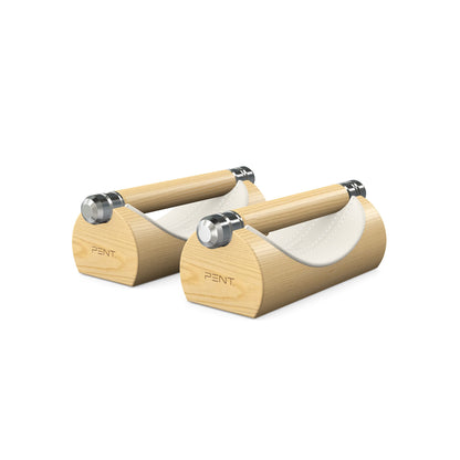 Luxury home gym equipment, premium push up bars handcrafted from fine leather, stainless steel and natural wood. Customize in white Italian leather and natural ash wood. PENT. LIPOVA - Luxury Push-Up Bars