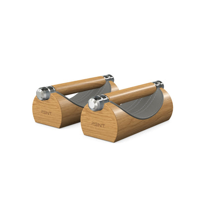 Luxury home gym equipment, premium push up bars handcrafted from fine leather, stainless steel and natural wood. Customize in grey Italian leather and oak wood. PENT. LIPOVA - Luxury Push-Up Bars