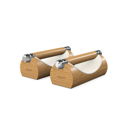 Luxury home gym equipment, premium push up bars handcrafted from fine leather, stainless steel and natural wood. Customize in white Italian leather and oak wood. PENT. LIPOVA - Luxury Push-Up Bars